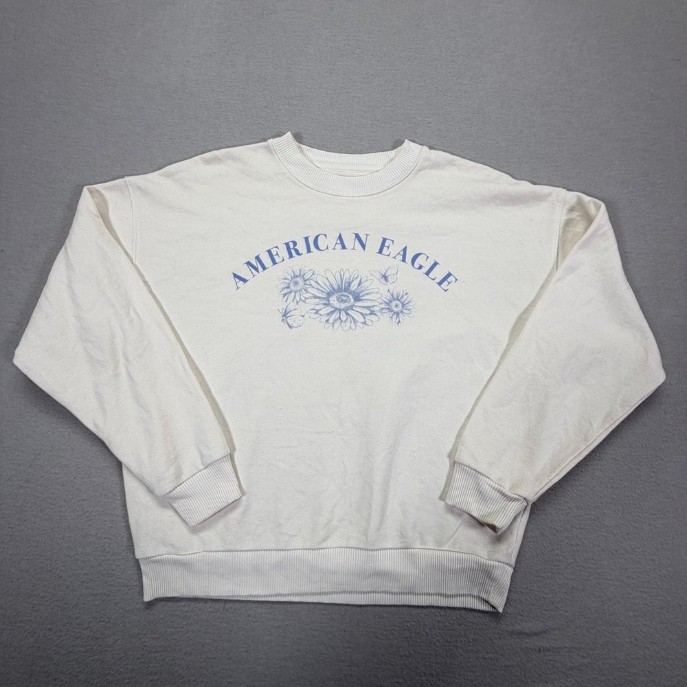 American Eagle Sweatshirt Womens S Good Cream Floral Graphic Crewneck Pullover